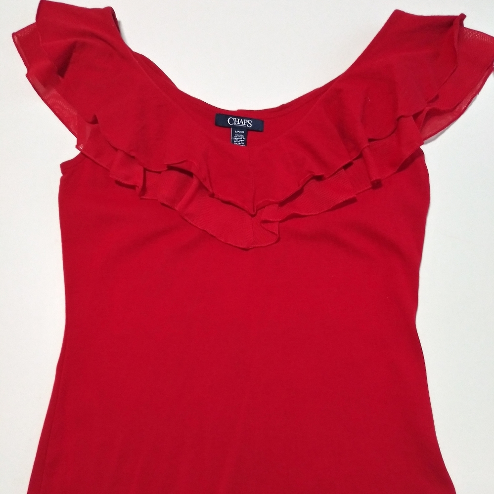 Women's Chaps Small Petite Red Sleeveless Cotton Top with Ruffles